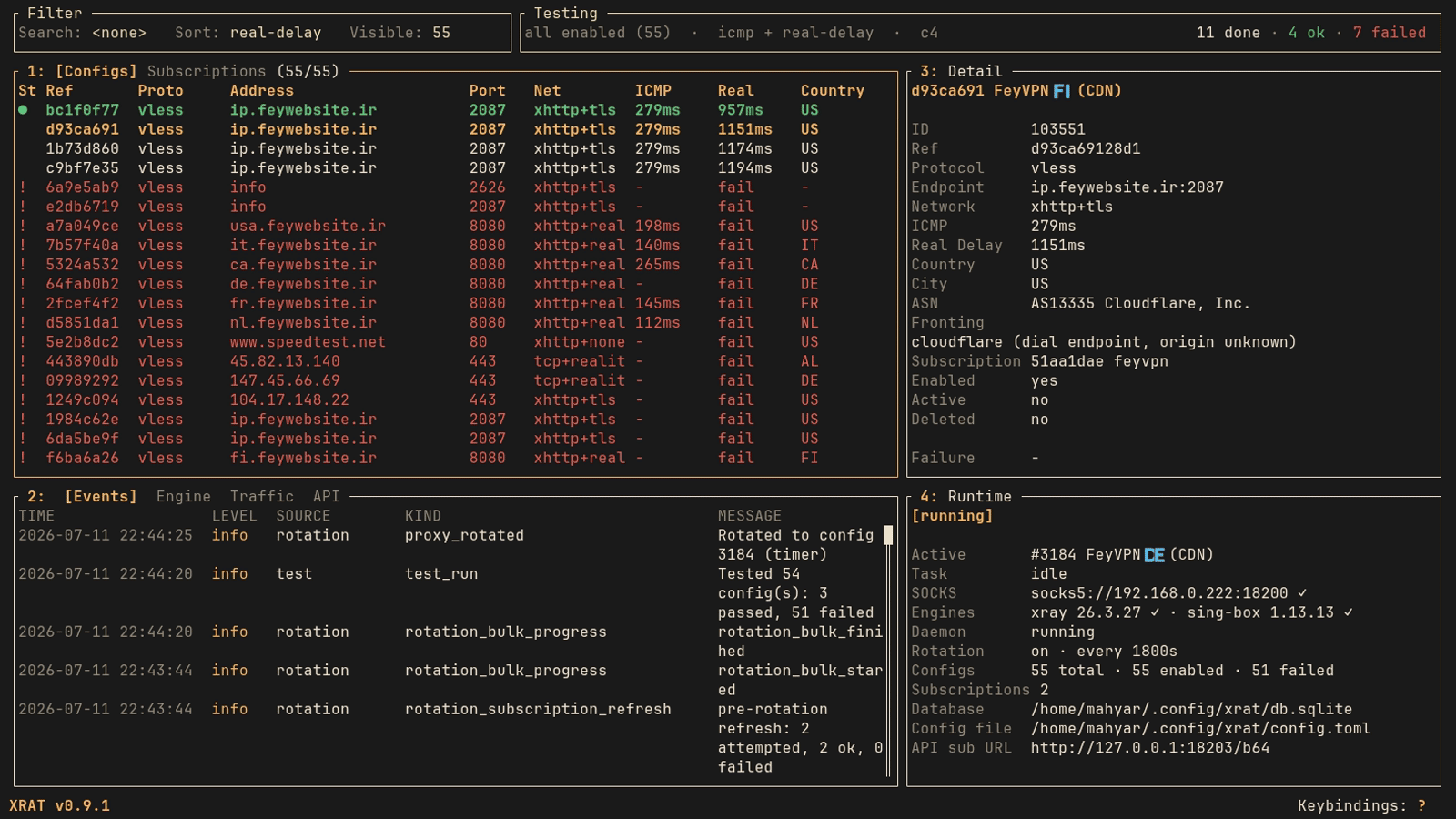 XRAT terminal UI showing proxy testing progress, config details, logs, and runtime status